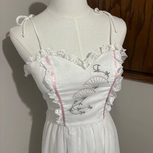 70s Vintage Maxi Slip Dress Embroidered Lace Ruffle Trim Cottage Prairie Size 7